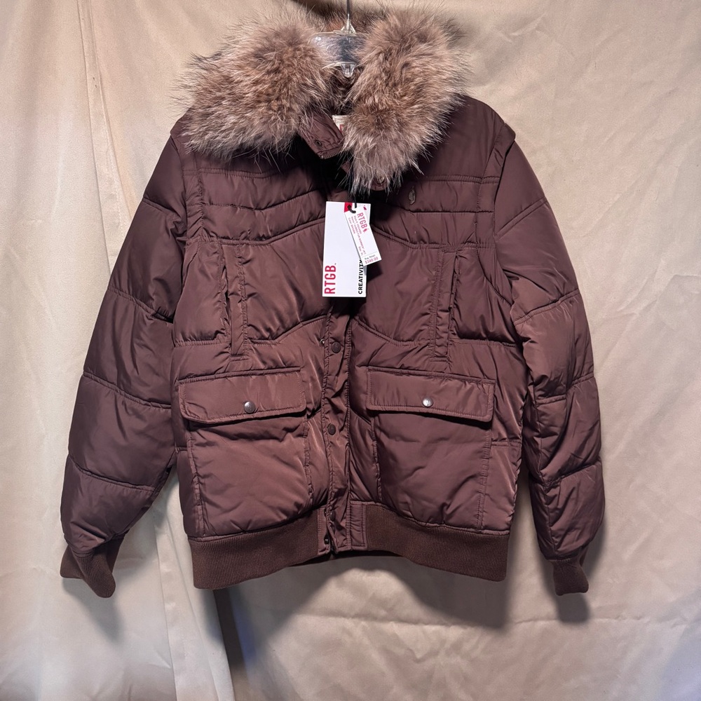 Brown Bomber Jacket with Faux Fur Collar